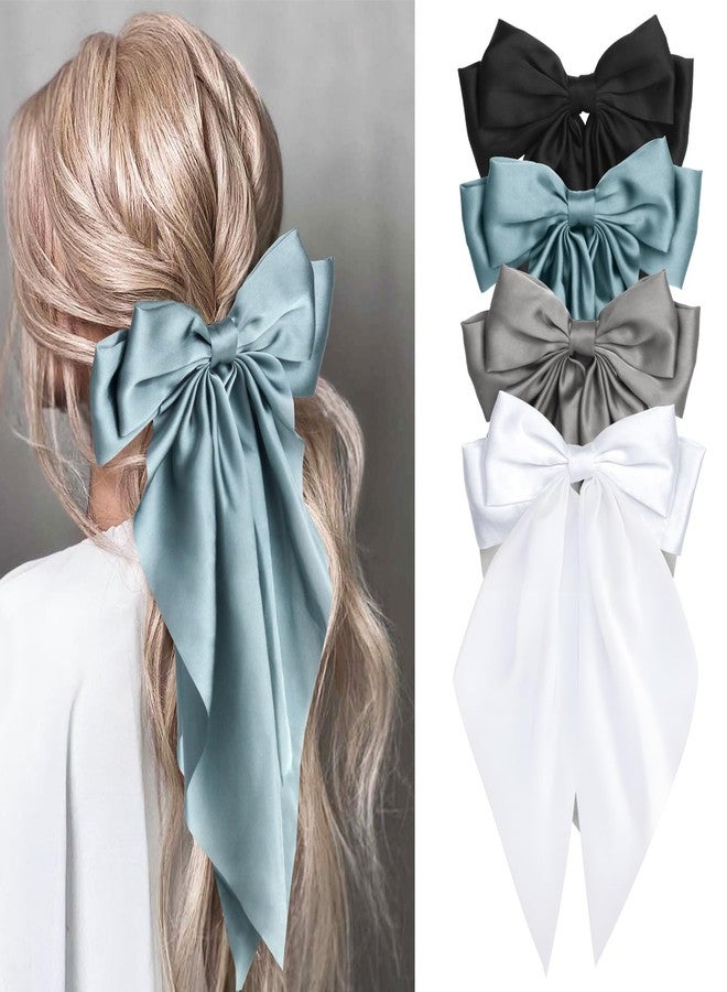 MIKONIKO Silky Satin Hair Bows - 4PCS Ribbon Bows for Women & Girls, Big Bow Hair Clips with Long Tail, Barrettes - Cute Hair Accessories Gifts (Black, Blue Grey, Grey, White) - Image 1